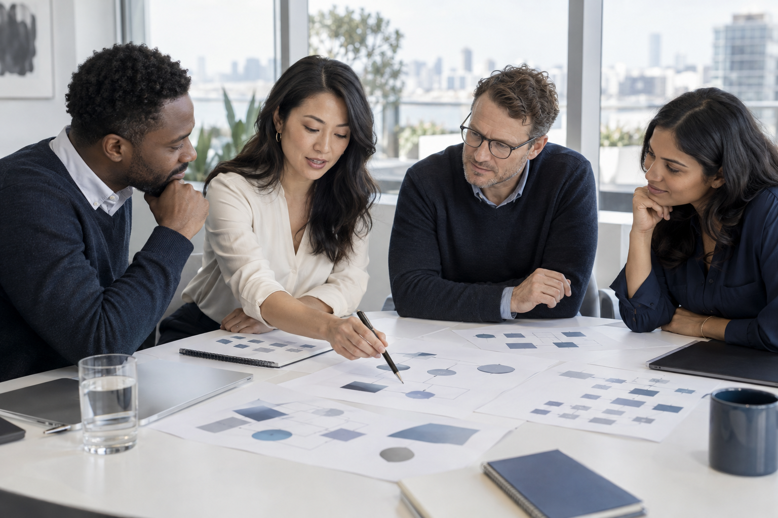 An Unbound team reviewing a workflow together in a bright office