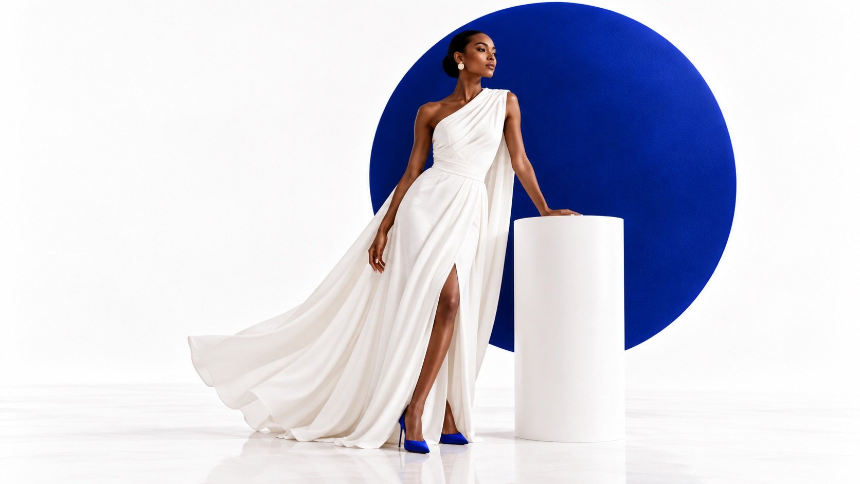 Model in a white gown against a cobalt circle