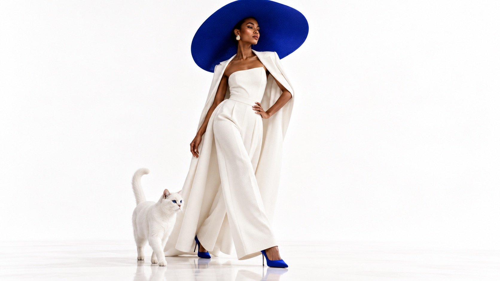 Model in white with an oversized cobalt hat and a white cat