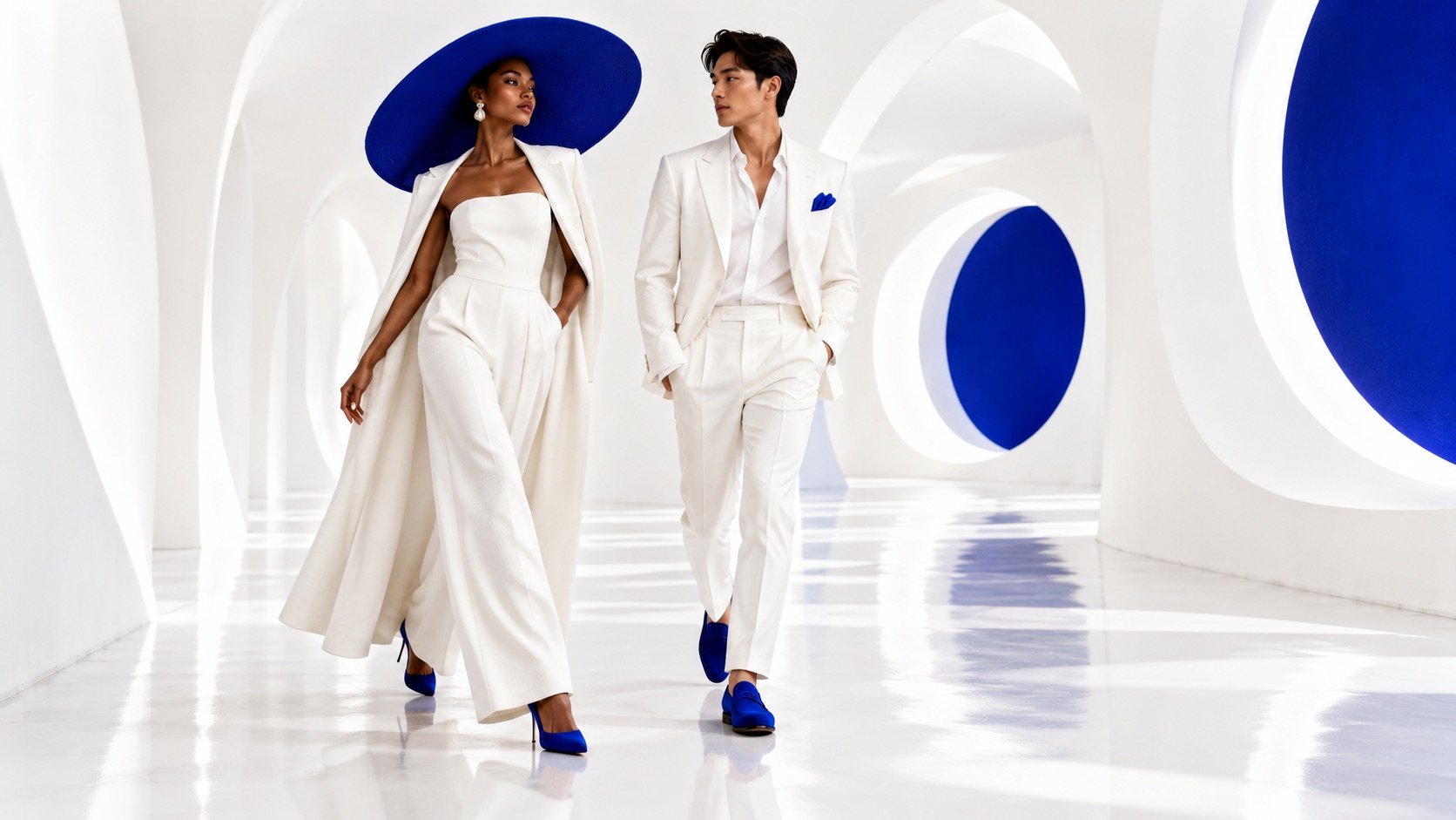 Two people in white walking a gallery with cobalt circular voids