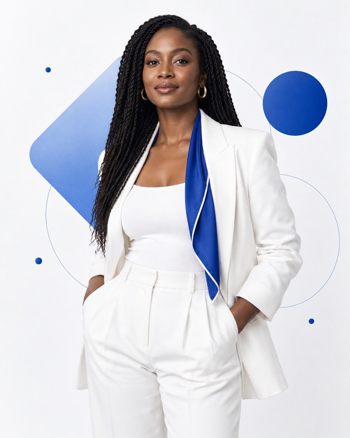 Team member in a white suit with cobalt lining