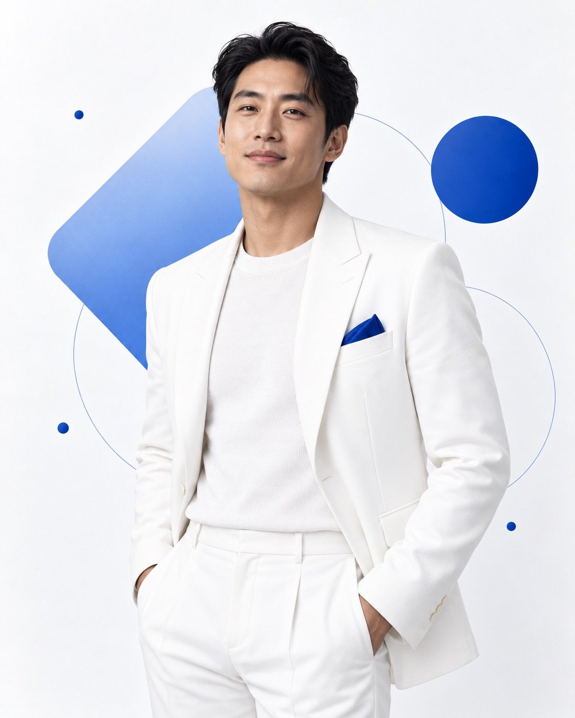 Team member in a white suit with a cobalt pocket square