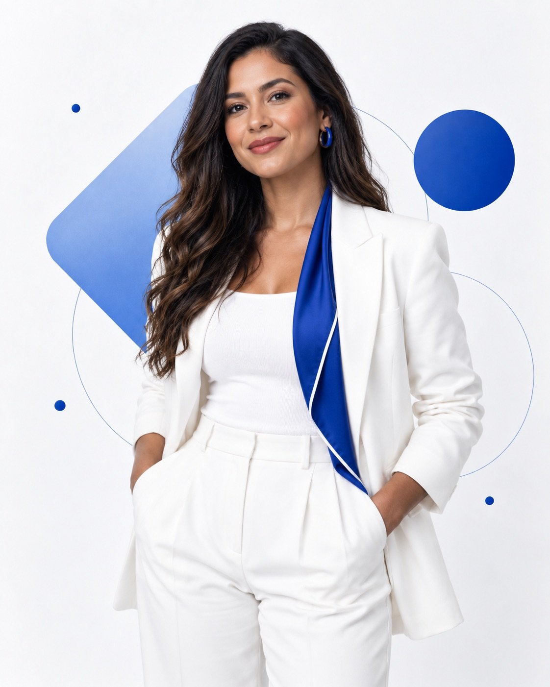 Team member in a white suit with cobalt lining