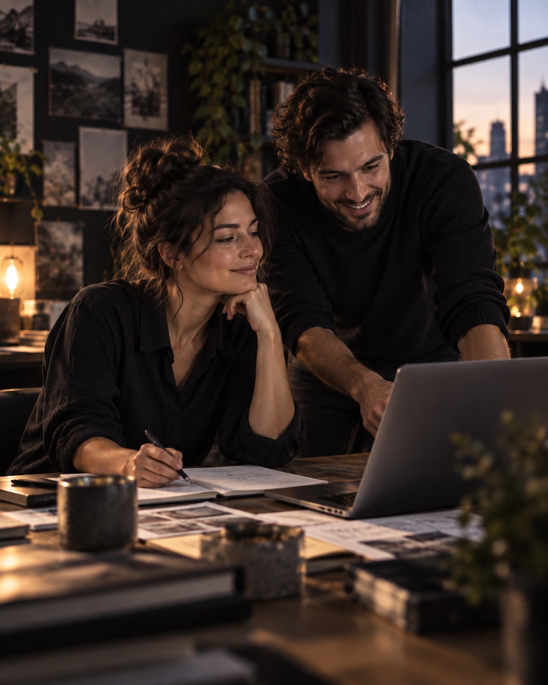 Woman in a cobalt gown with a man at a laptop among geometric sculptures