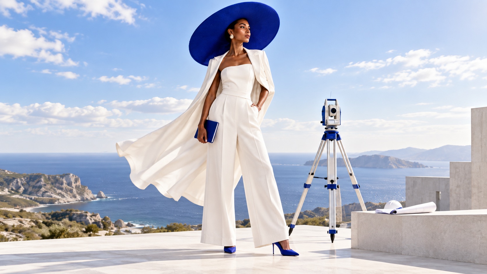 Model in white and cobalt on a coastal terrace beside survey equipment